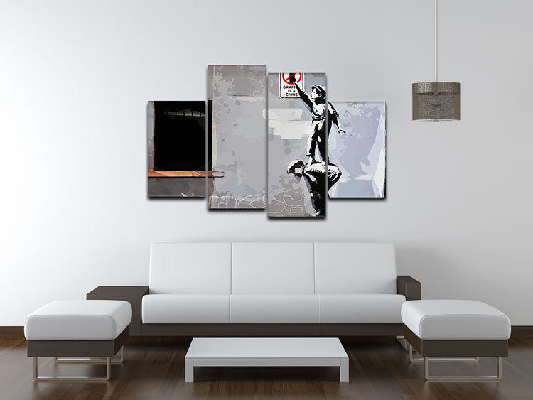 Banksy Graffiti is a Crime New York 4 Split Panel Canvas artwork featuring urban street art divided into four panels.