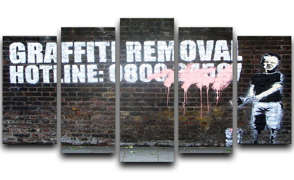 Banksy Graffiti Removal Hotline 5 Split Panel Canvas artwork featuring five panels that create a cohesive urban-themed design.