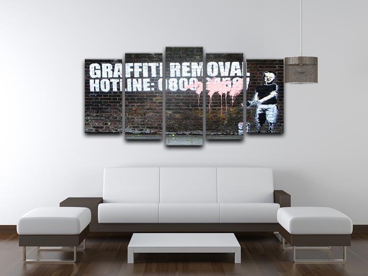 Banksy Graffiti Removal Hotline 5 Split Panel Canvas artwork featuring five panels that create a cohesive urban-themed design.