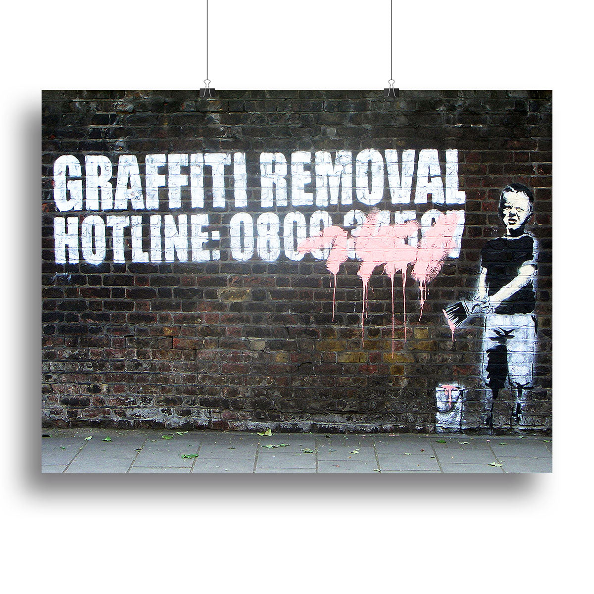 Banksy Graffiti Removal Hotline canvas print featuring urban art style with bold colors and social commentary.
