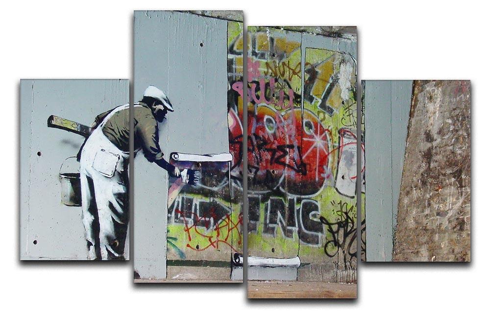 Banksy Graffiti Wallpaper 4 Split Panel Canvas featuring vibrant street art divided into four panels, creating a dynamic visual effect.