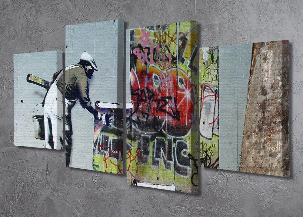 Banksy Graffiti Wallpaper 4 Split Panel Canvas featuring vibrant street art divided into four panels, creating a dynamic visual effect.