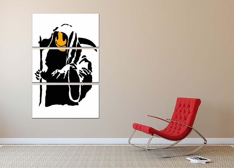 Banksy Grim Reaper 3 Split Panel Canvas Print featuring a striking design across three panels, ideal for modern decor.