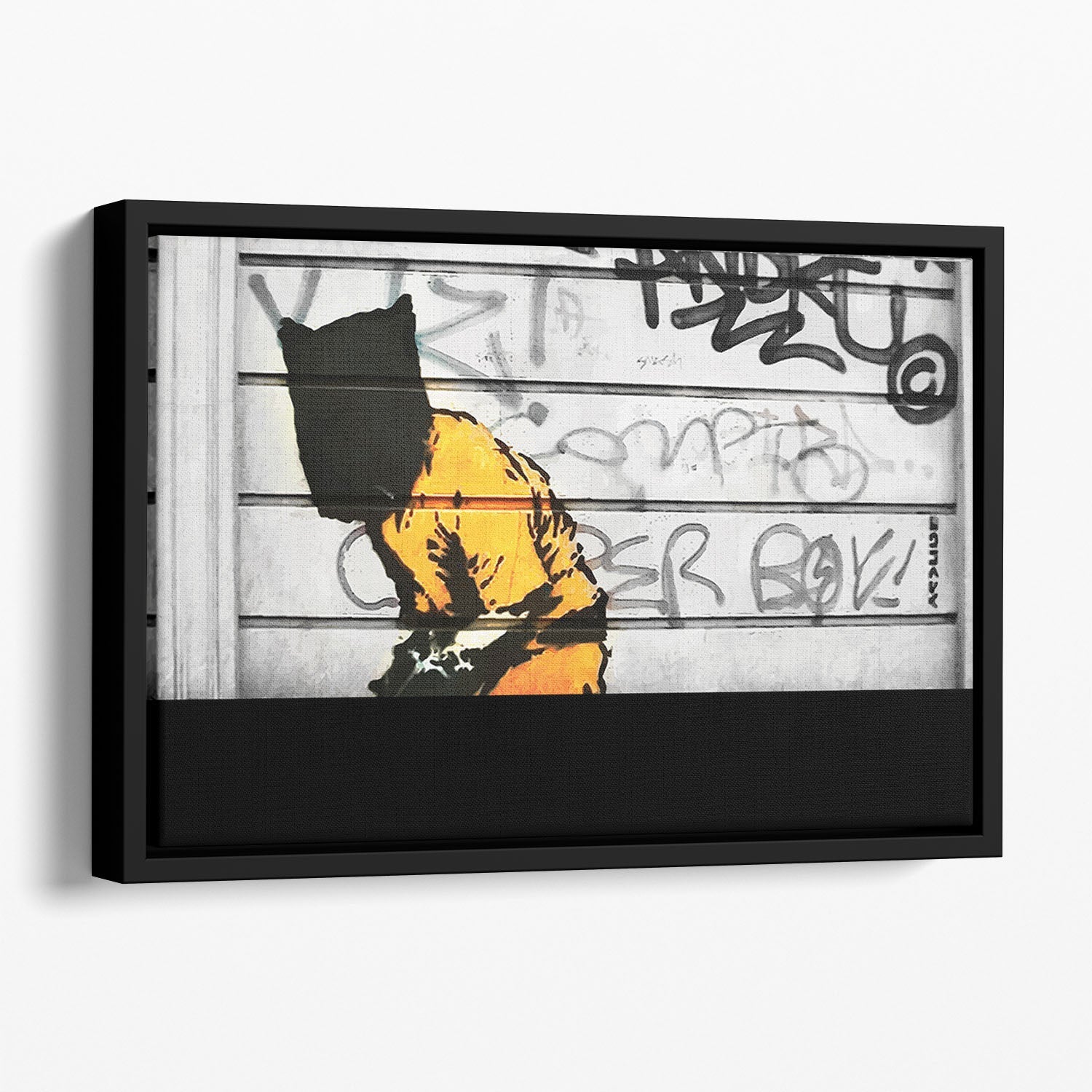 Banksy Guantanamo Bay Detainee Floating Framed Canvas featuring bold colors and thought-provoking imagery in an elegant wooden frame.