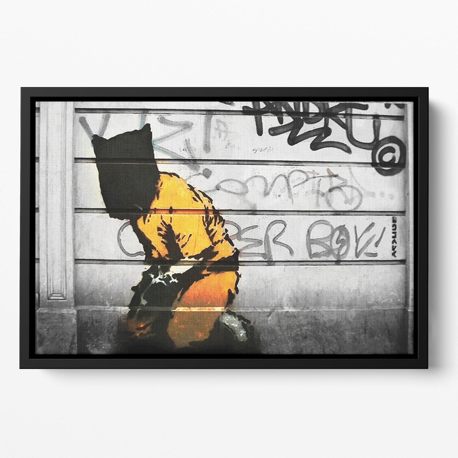 Banksy Guantanamo Bay Detainee Floating Framed Canvas featuring bold colors and thought-provoking imagery in an elegant wooden frame.