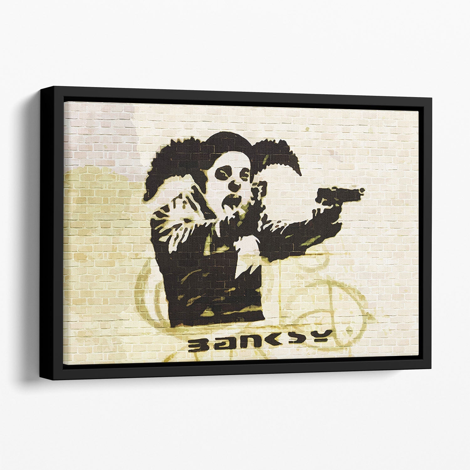 Banksy Gun Toting Clown artwork in a stylish floating frame, showcasing vibrant colors and contemporary design.