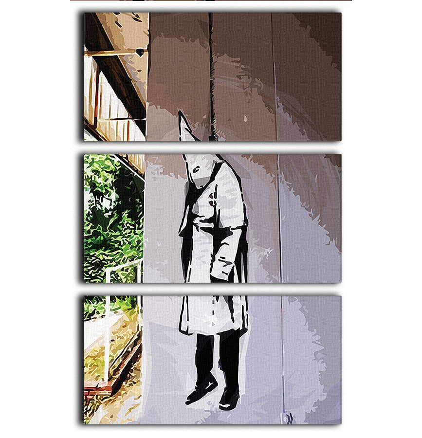 Banksy Hanging KKK 3 Split Panel Canvas Print featuring a striking modern art design with three panels.