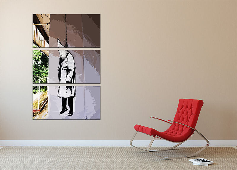 Banksy Hanging KKK 3 Split Panel Canvas Print featuring a striking modern art design with three panels.