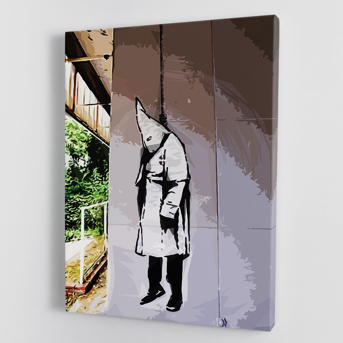 Banksy Hanging KKK Canvas Print showcasing bold street art with social commentary, perfect for modern decor.