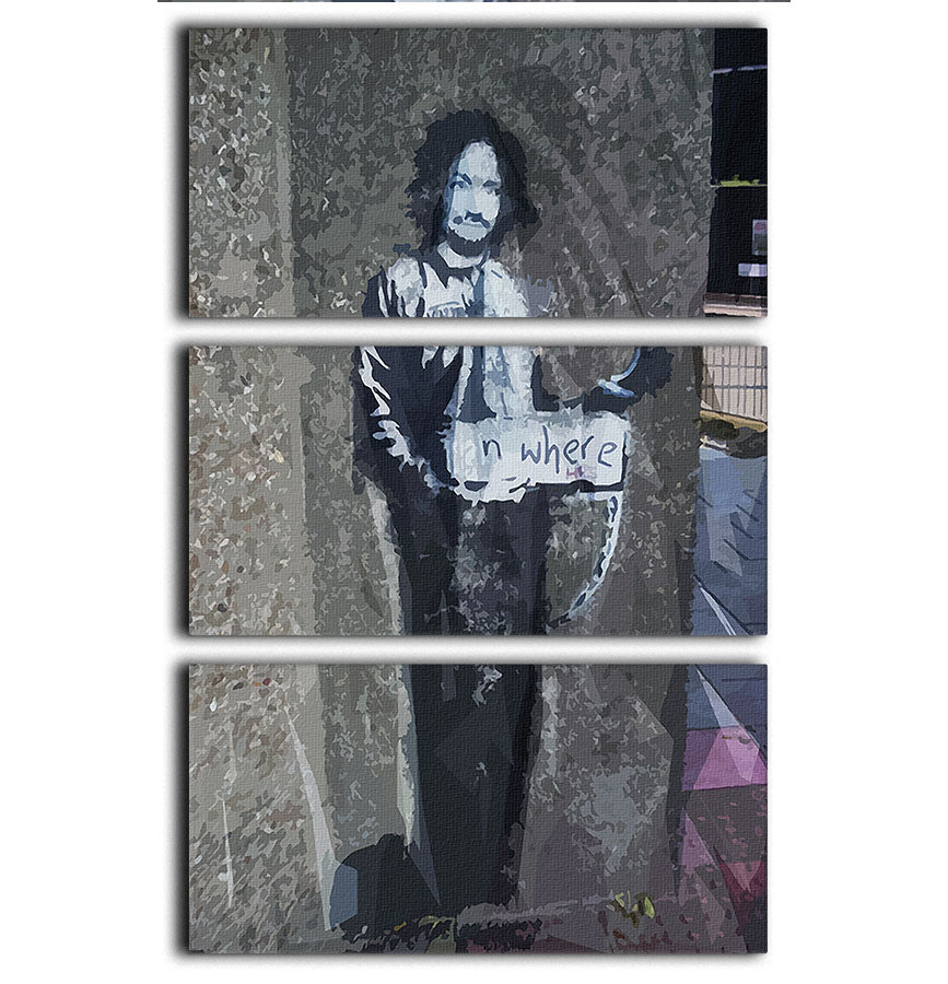 Banksy Hitchhiker To Anywhere 3 Split Panel Canvas Print showcasing three panels with vibrant colors and intricate details.