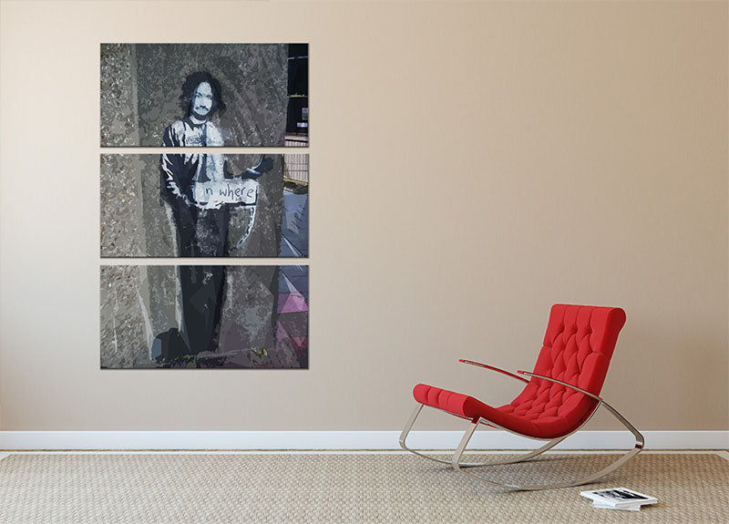 Banksy Hitchhiker To Anywhere 3 Split Panel Canvas Print showcasing three panels with vibrant colors and intricate details.