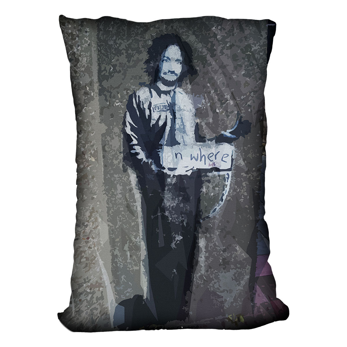 Banksy Hitchhiker To Anywhere Cushion featuring vibrant abstract design on luxurious vegan faux suede.