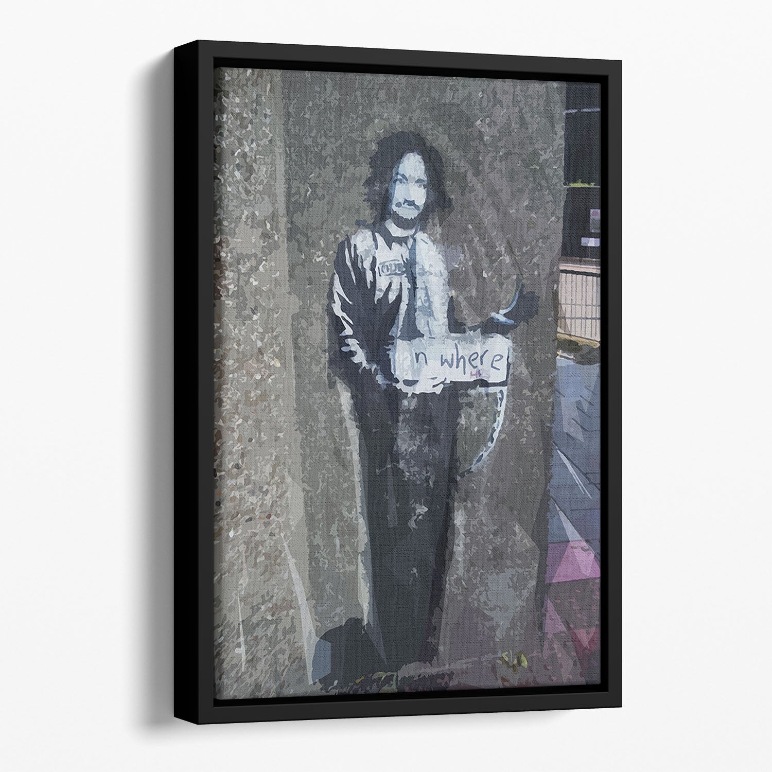 Banksy Hitchhiker To Anywhere Floating Framed Canvas showcasing vibrant abstract art in an elegant wooden frame.