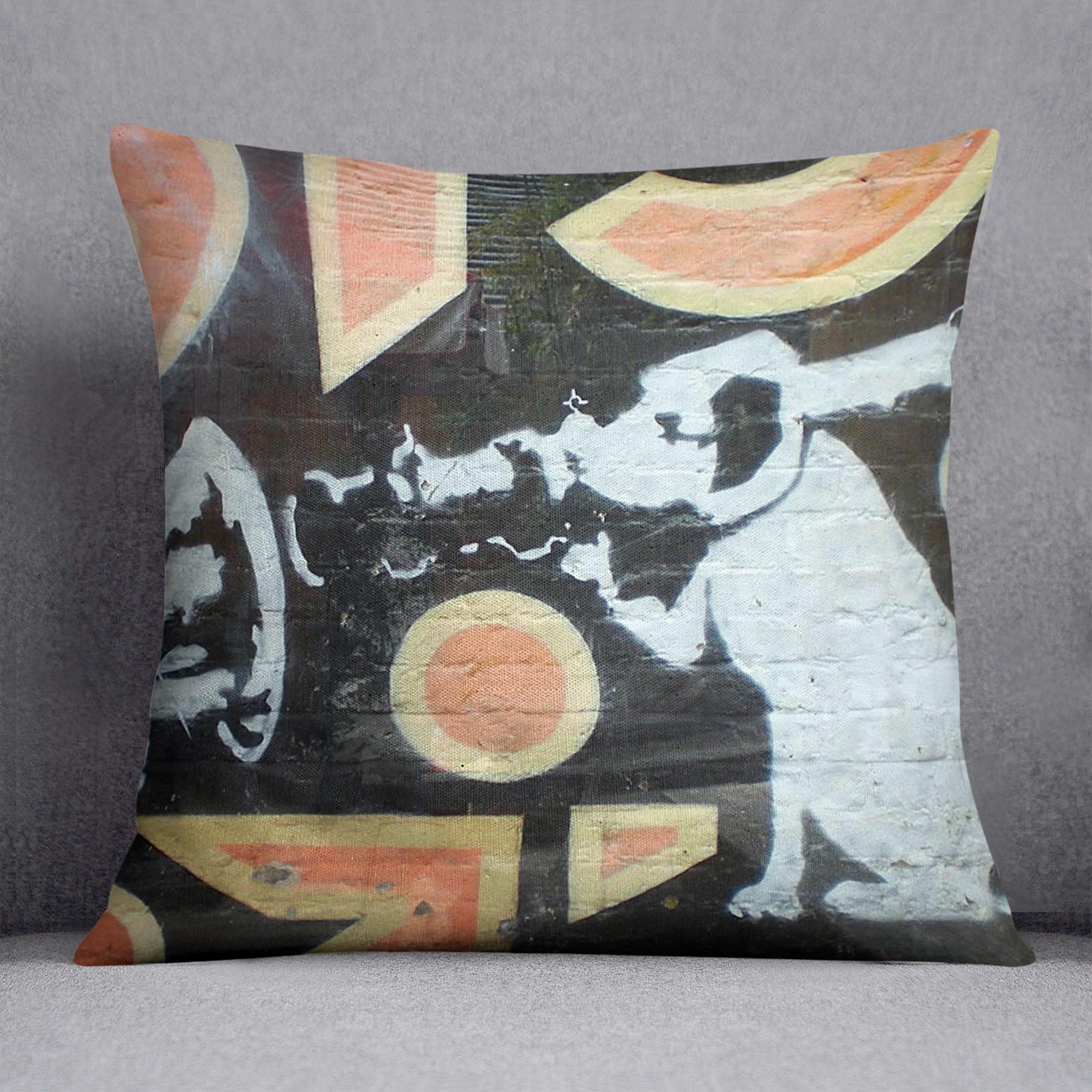 Banksy HMV Dog Cushion featuring vibrant abstract design on luxurious vegan faux suede fabric.