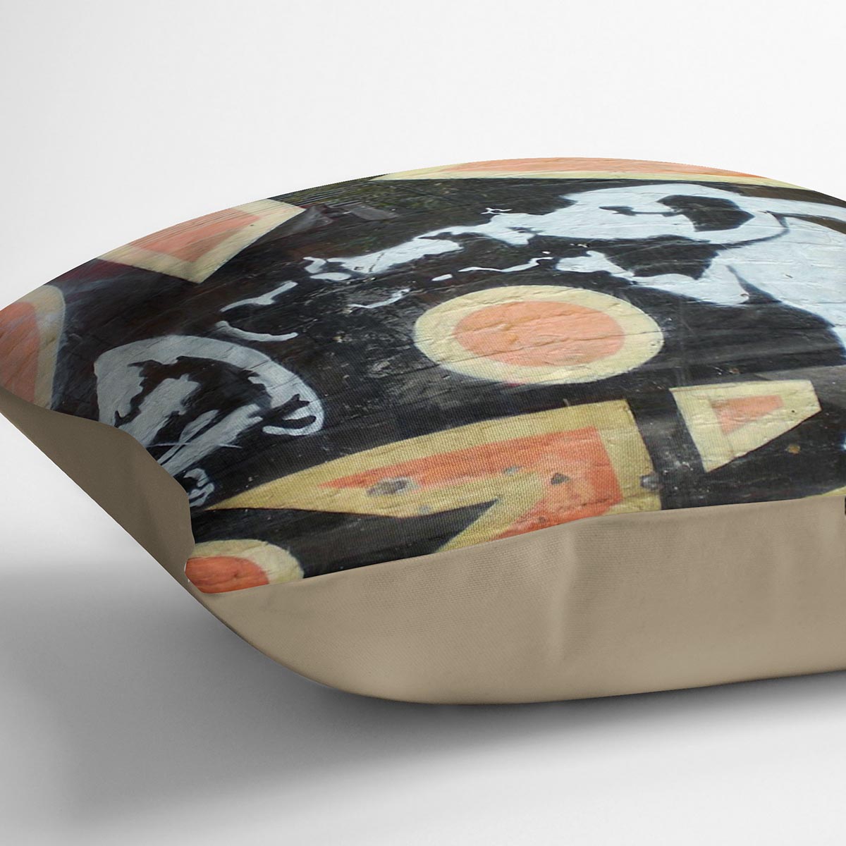 Banksy HMV Dog Cushion featuring vibrant abstract design on luxurious vegan faux suede fabric.