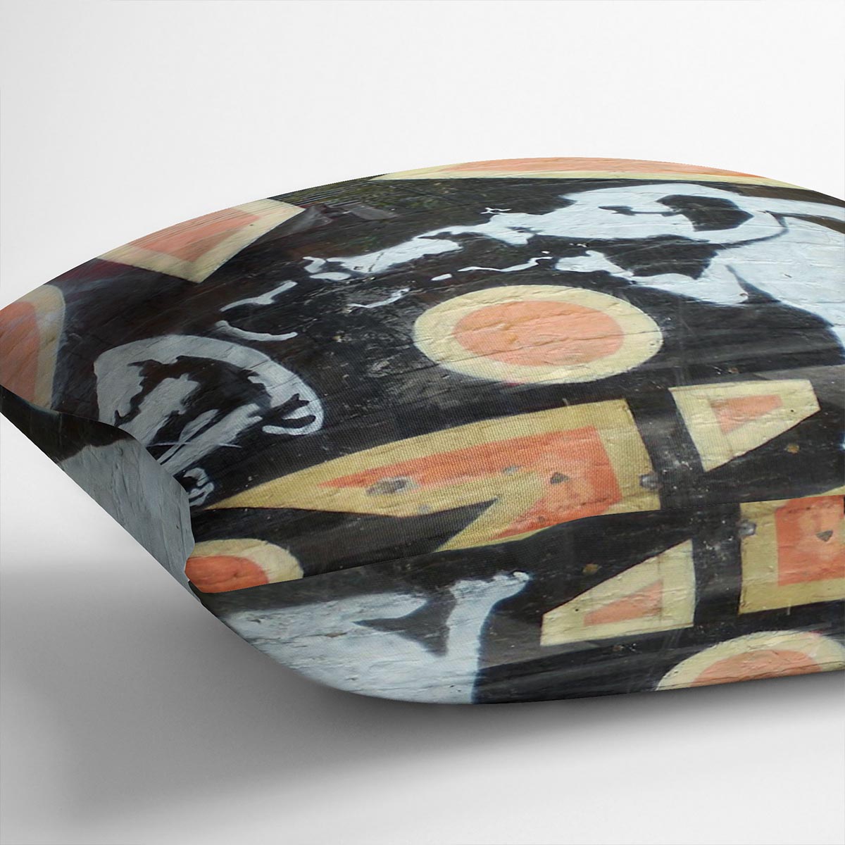 Banksy HMV Dog Cushion featuring vibrant abstract design on luxurious vegan faux suede fabric.