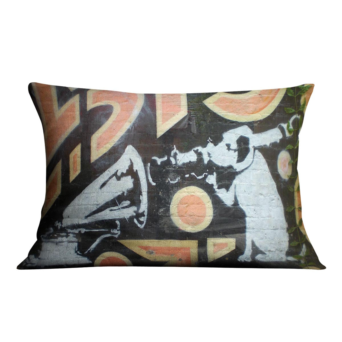 Banksy HMV Dog Cushion featuring vibrant abstract design on luxurious vegan faux suede fabric.