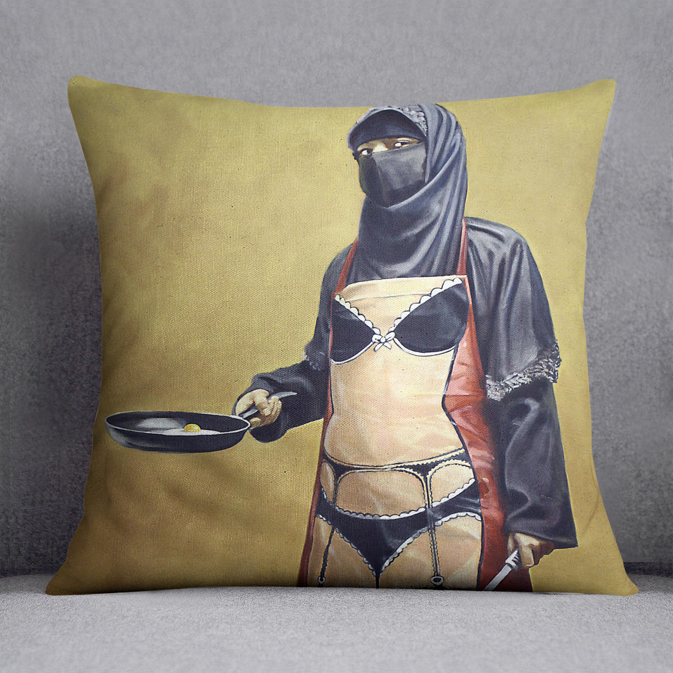 Banksy How Do You Like Your Eggs Cushion featuring vibrant abstract design on luxurious vegan faux suede.