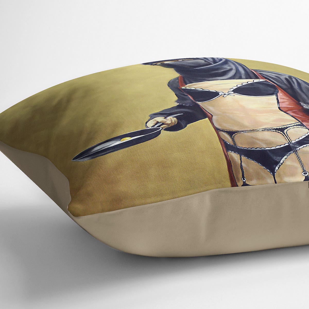 Banksy How Do You Like Your Eggs Cushion featuring vibrant abstract design on luxurious vegan faux suede.