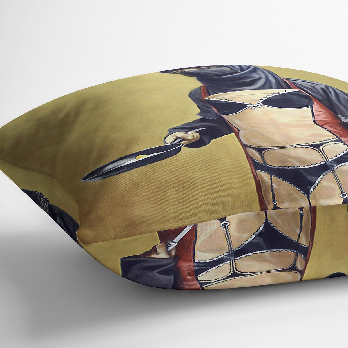 Banksy How Do You Like Your Eggs Cushion featuring vibrant abstract design on luxurious vegan faux suede.