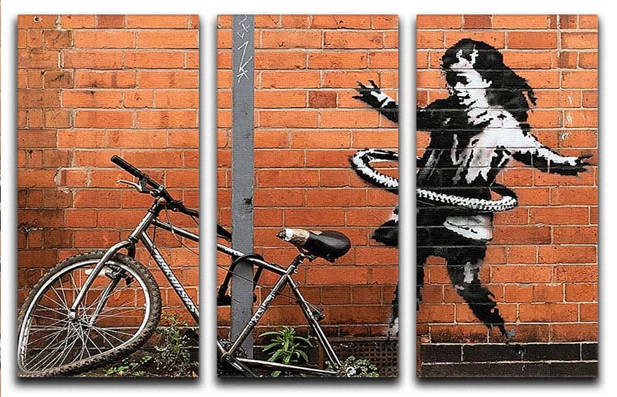 Banksy Hula Hoop Girl 3 Split Panel Canvas Print showcasing vibrant colors and modern art style.