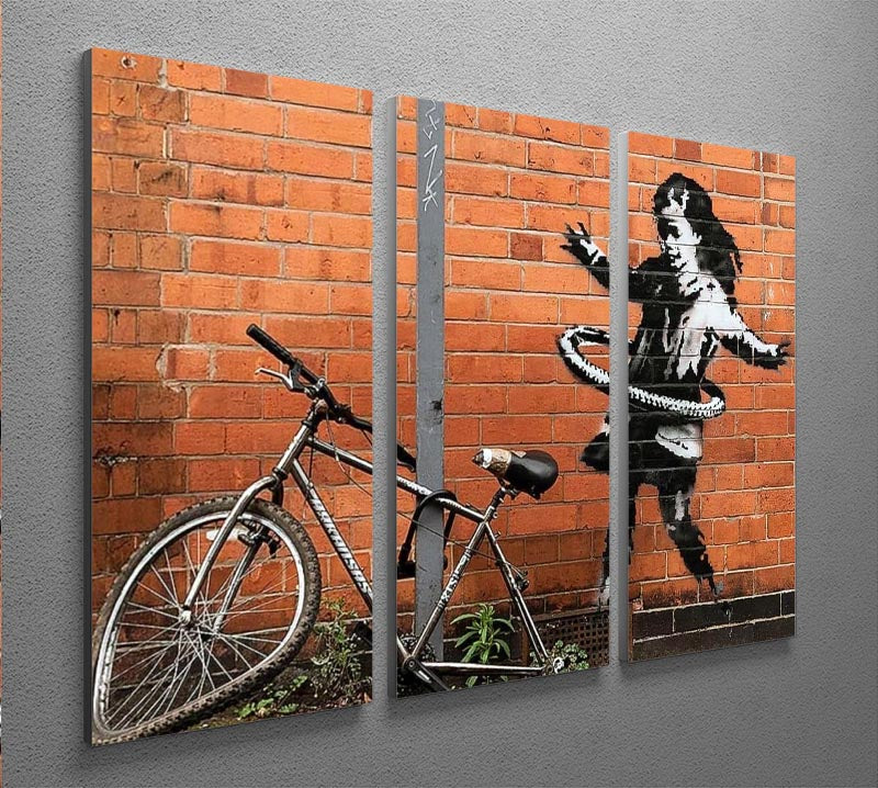 Banksy Hula Hoop Girl 3 Split Panel Canvas Print showcasing vibrant colors and modern art style.