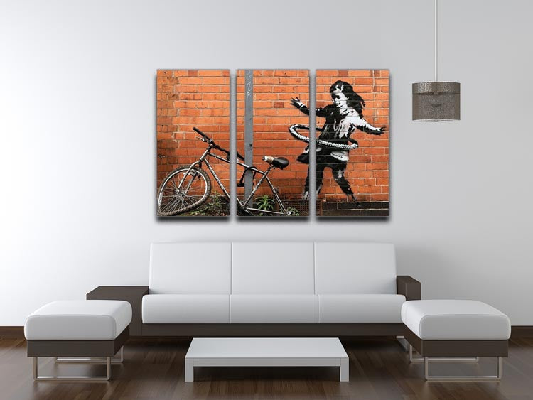 Banksy Hula Hoop Girl 3 Split Panel Canvas Print showcasing vibrant colors and modern art style.