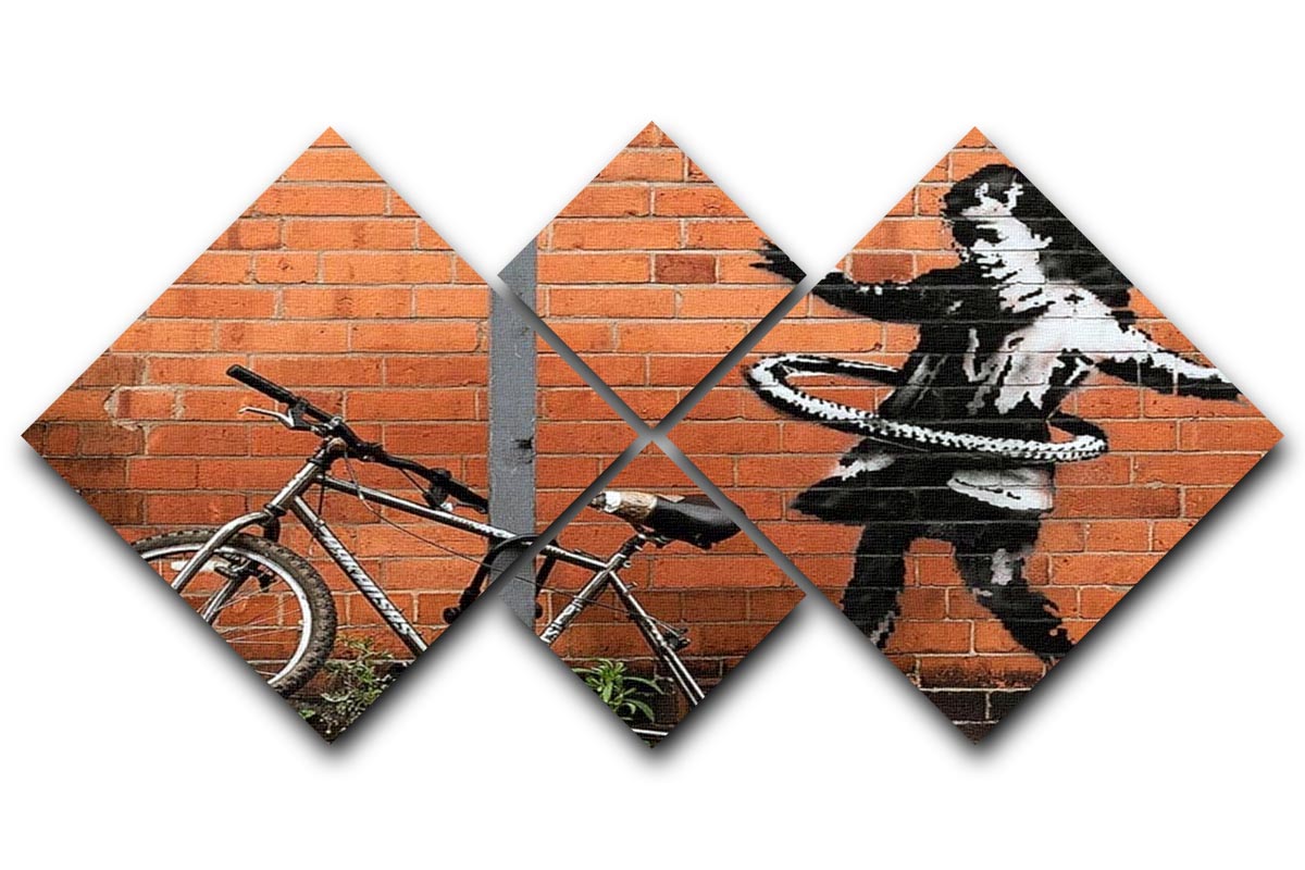 Banksy Hula Hoop Girl 4 Square Multi Panel Canvas artwork featuring a playful girl with a hula hoop, divided into four equal panels.