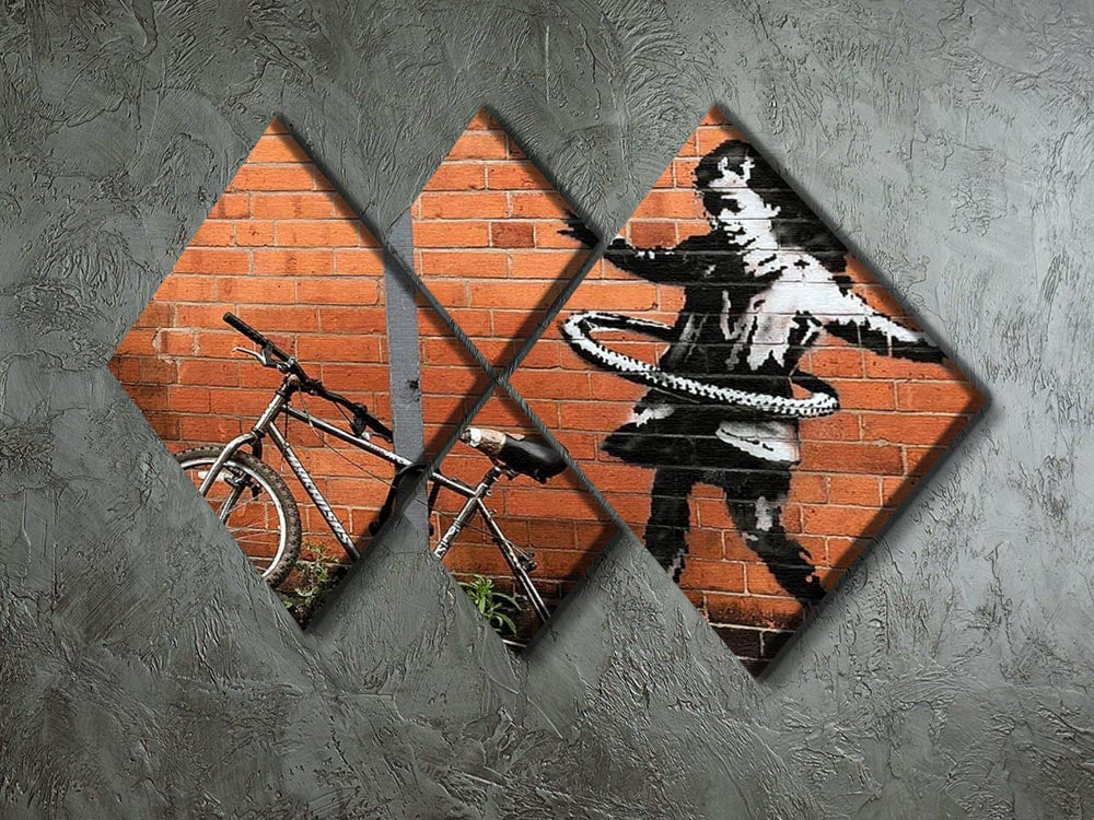 Banksy Hula Hoop Girl 4 Square Multi Panel Canvas artwork featuring a playful girl with a hula hoop, divided into four equal panels.
