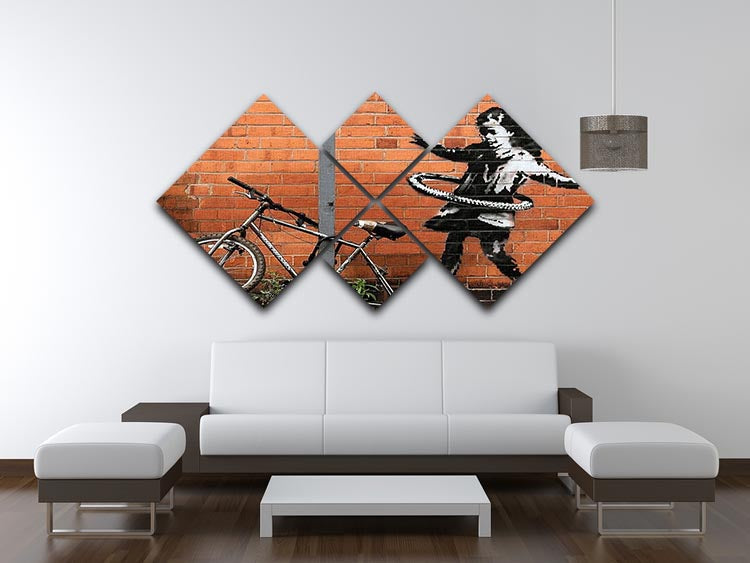 Banksy Hula Hoop Girl 4 Square Multi Panel Canvas artwork featuring a playful girl with a hula hoop, divided into four equal panels.