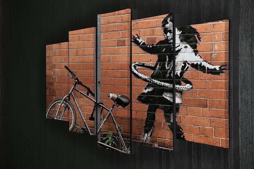 Banksy Hula Hoop Girl artwork displayed on a 5-split canvas, showcasing vibrant colors and dynamic design.