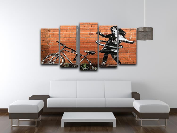 Banksy Hula Hoop Girl artwork displayed on a 5-split canvas, showcasing vibrant colors and dynamic design.