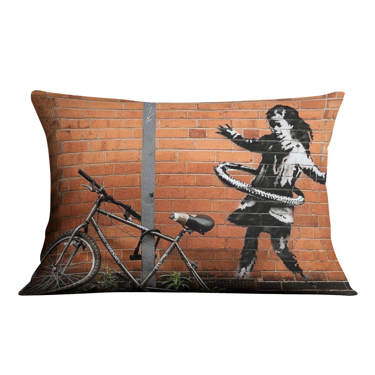 Banksy Hula Hoop Girl Cushion featuring vibrant colors and abstract design on luxurious vegan faux suede.