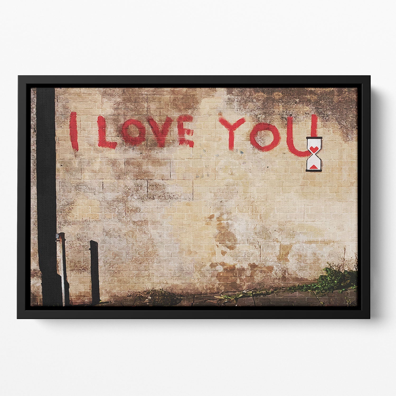 Banksy I Love You Floating Framed Canvas featuring vibrant abstract art in a handcrafted wooden frame, perfect for modern home decor.
