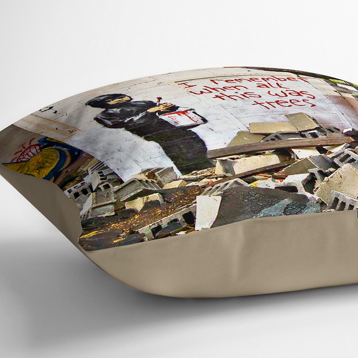 Banksy I Remember When All This Was Trees Cushion featuring vibrant abstract design on luxurious vegan faux suede.