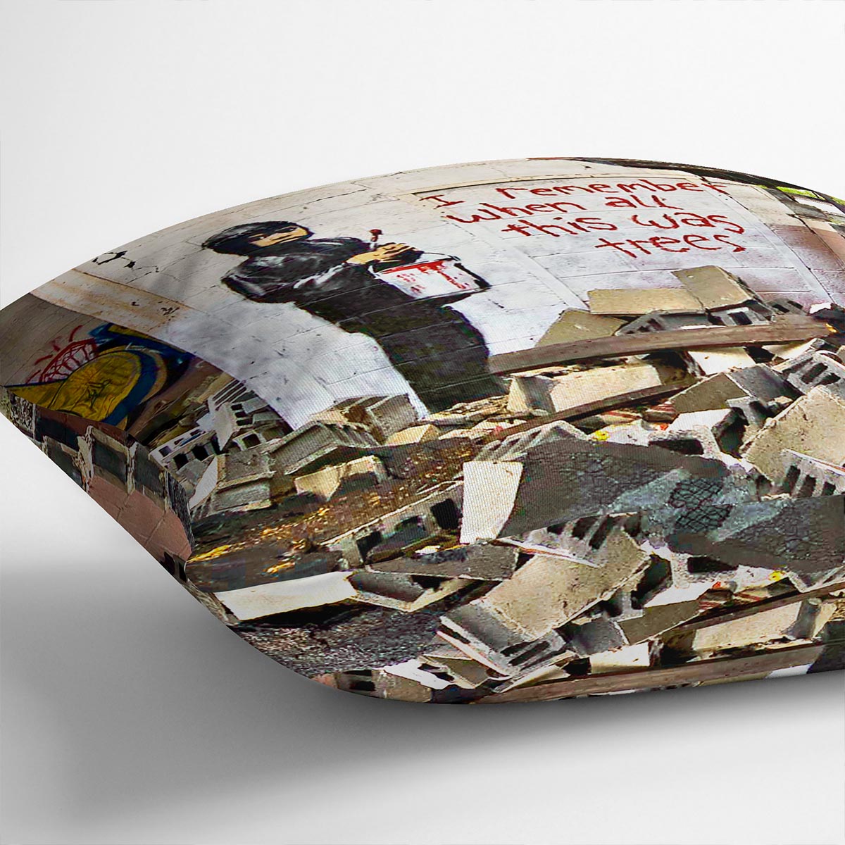 Banksy I Remember When All This Was Trees Cushion featuring vibrant abstract design on luxurious vegan faux suede.