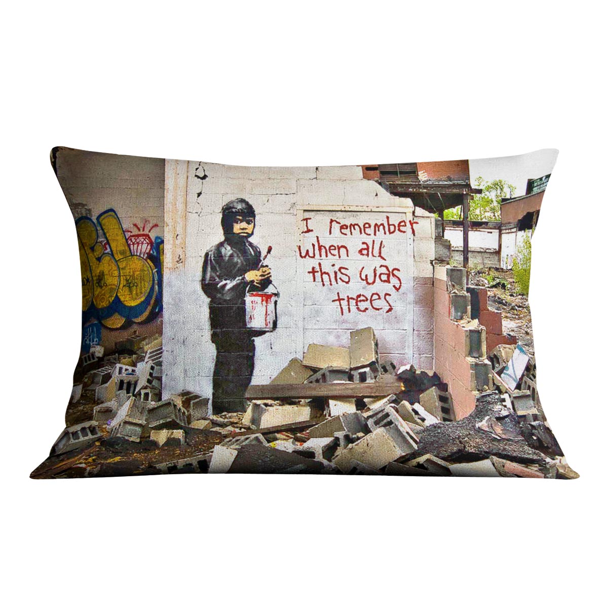 Banksy I Remember When All This Was Trees Cushion featuring vibrant abstract design on luxurious vegan faux suede.