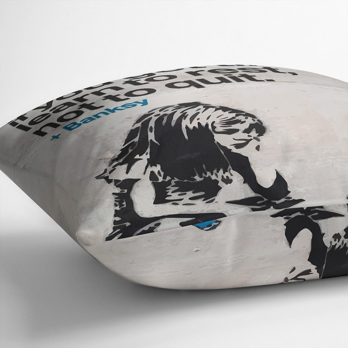 Banksy If You Get Tired Cushion featuring vibrant abstract design on luxurious vegan faux suede.