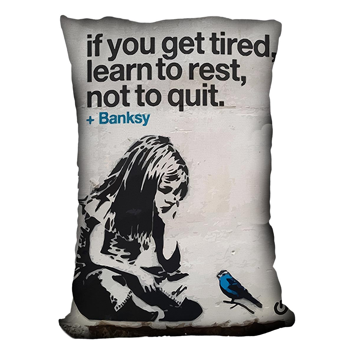 Banksy If You Get Tired Cushion featuring vibrant abstract design on luxurious vegan faux suede.