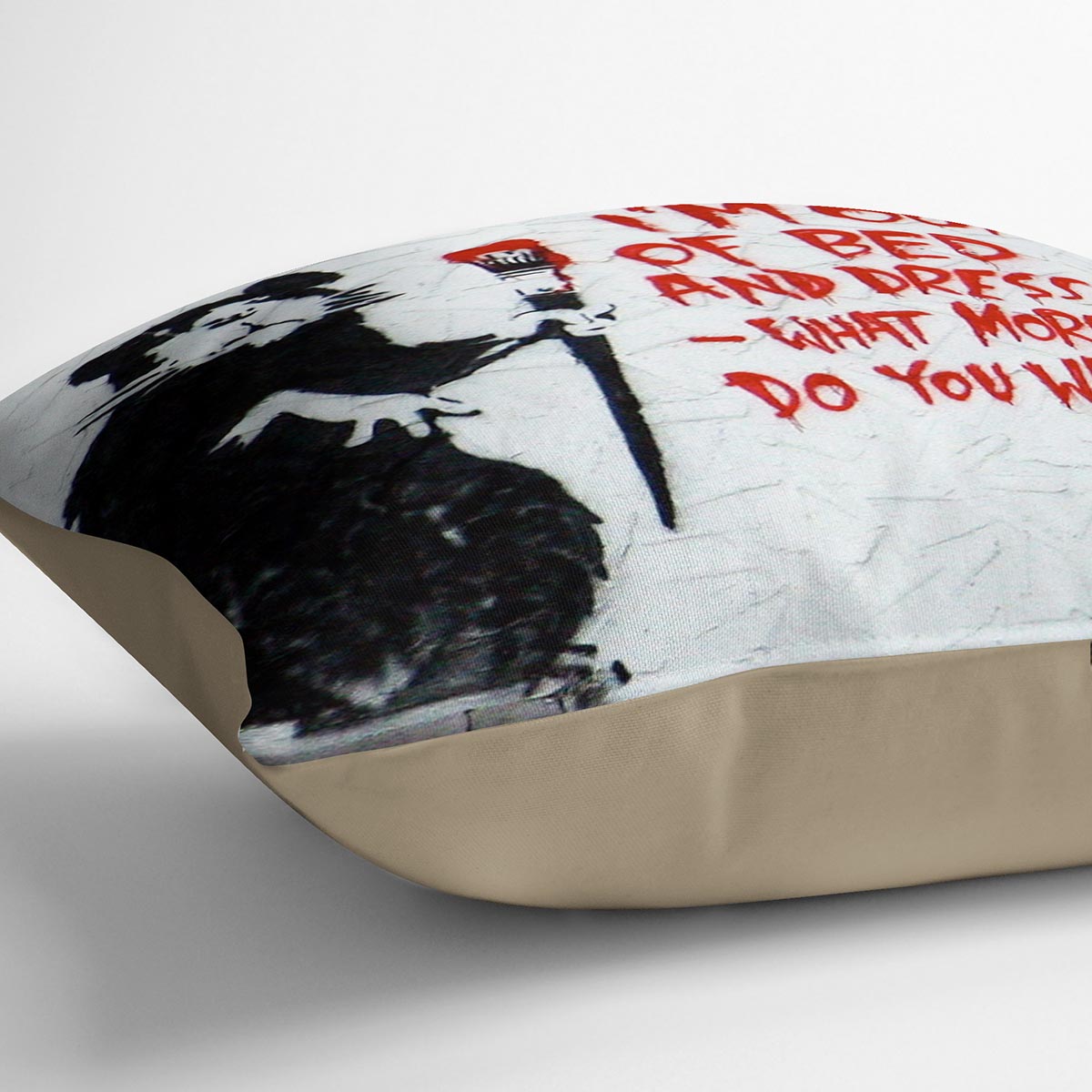 Banksy I'm Out Of Bed And Dressed Cushion featuring vibrant abstract design on luxurious vegan faux suede.