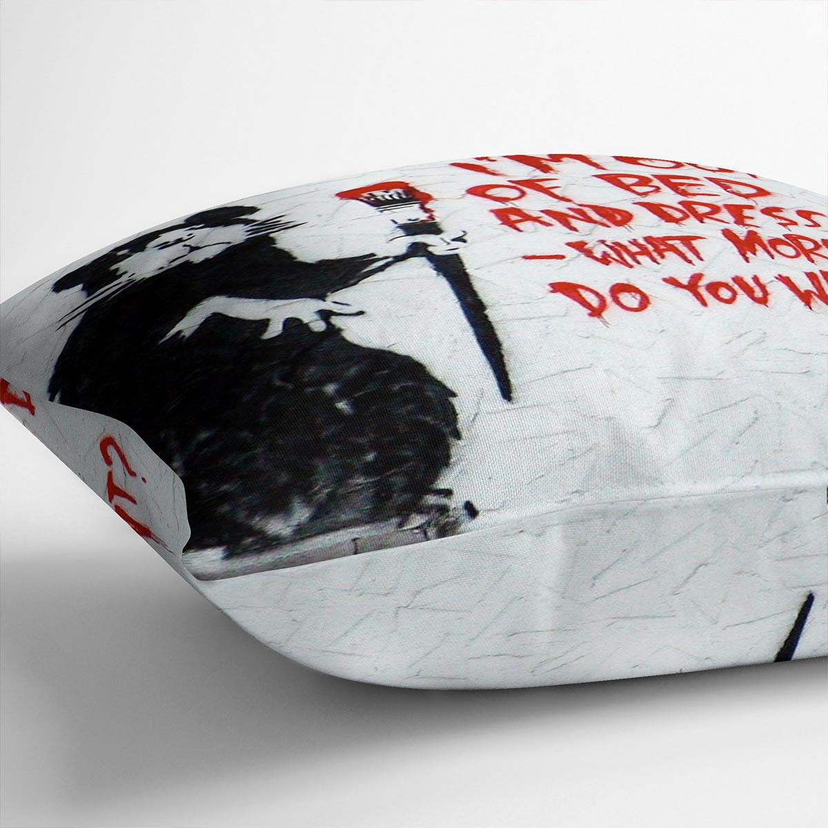 Banksy I'm Out Of Bed And Dressed Cushion featuring vibrant abstract design on luxurious vegan faux suede.