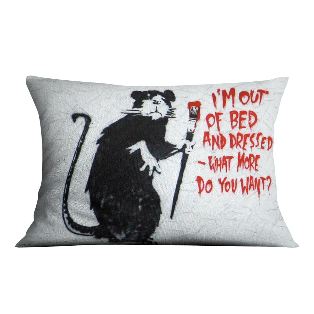 Banksy I'm Out Of Bed And Dressed Cushion featuring vibrant abstract design on luxurious vegan faux suede.