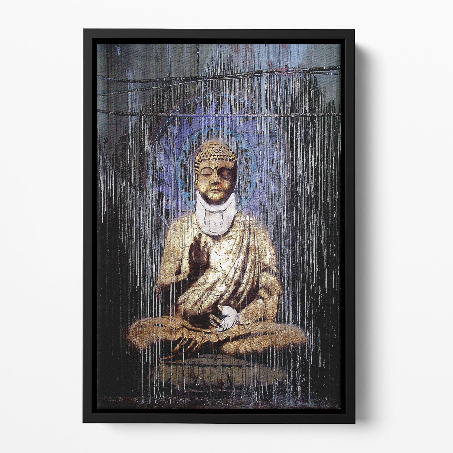Banksy Injured Buddha Floating Framed Canvas showcasing vibrant colors and abstract design in a handcrafted wooden frame.