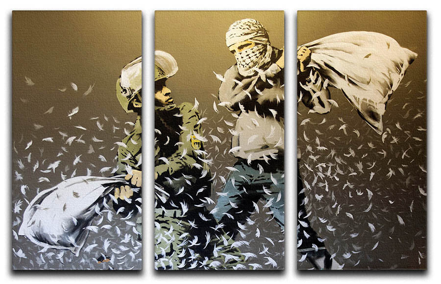 Banksy Israeli & Palestinian Pillow Fight 3 Split Canvas Print featuring vibrant colors and intricate details across three panels.
