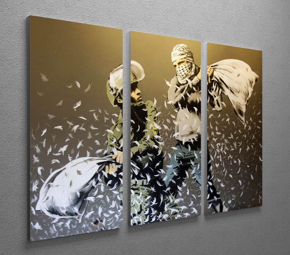 Banksy Israeli & Palestinian Pillow Fight 3 Split Canvas Print featuring vibrant colors and intricate details across three panels.