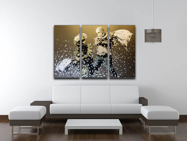 Banksy Israeli & Palestinian Pillow Fight 3 Split Canvas Print featuring vibrant colors and intricate details across three panels.