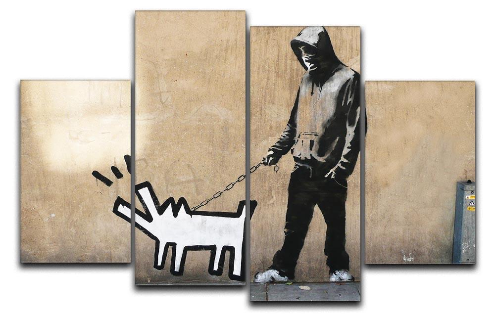 Banksy Keith Haring Dog 4 Split Panel Canvas artwork featuring vibrant colors and dynamic design across four panels.