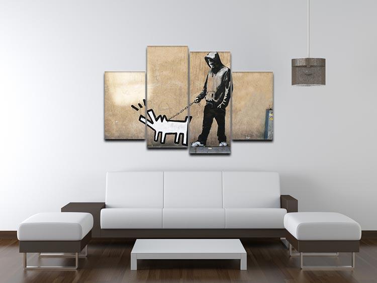 Banksy Keith Haring Dog 4 Split Panel Canvas artwork featuring vibrant colors and dynamic design across four panels.
