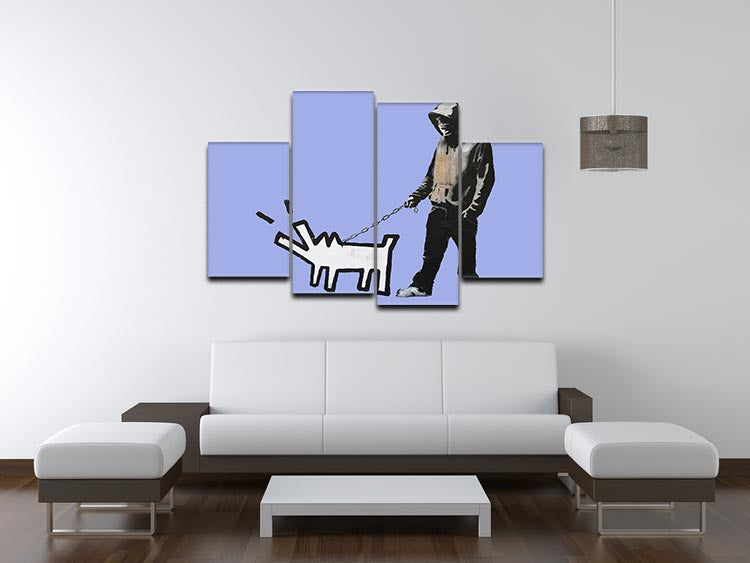 Banksy Keith Haring Dog Blue 4 Split Panel Canvas artwork featuring vibrant colors and dynamic design.