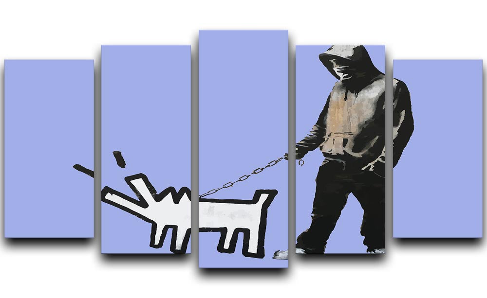 Banksy Keith Haring Dog Blue 5 Split Panel Canvas artwork featuring vibrant blue tones and dynamic split panel design.